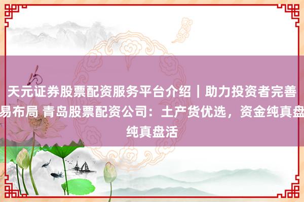 天元证券股票配资服务平台介绍|助力投资者完善交易布局 青岛股票配资公司:土产货优选,资金纯真盘活